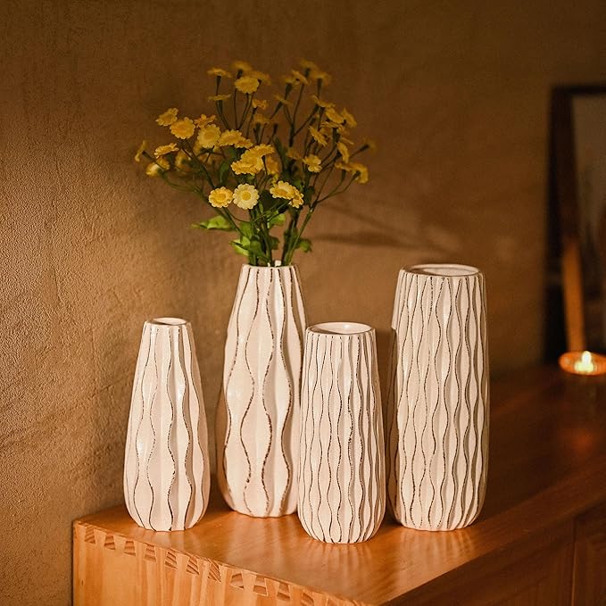 VICTOR & TERESA Ceramic Vase for Flowers, 10'' Set of 2 Decorative White Vases for Home Decor, Farmhouse Vases for Pampas Grass, Table, Mantel, Living Room, Shelf, Centerpieces, Gifts for Her