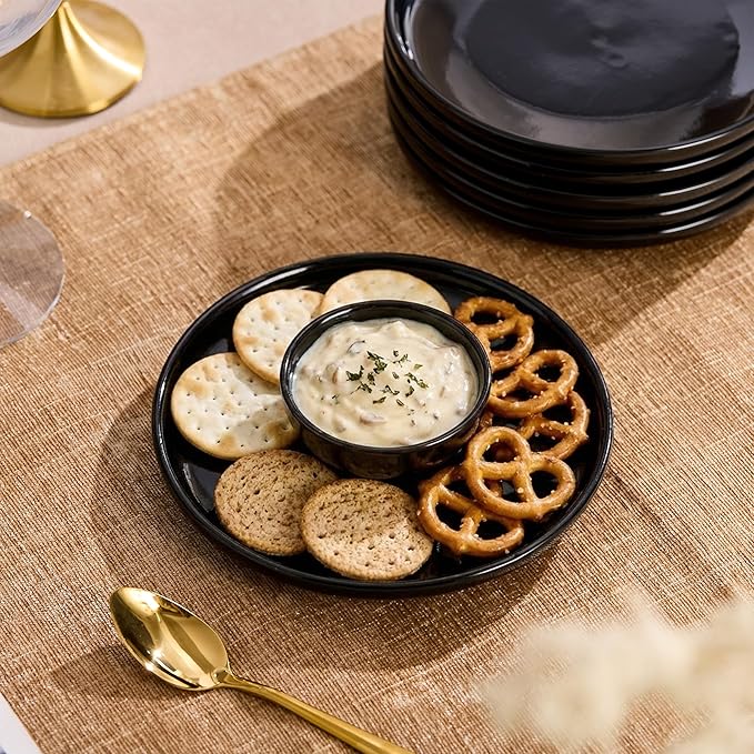 Ceramic Appetizer Plates Set of 6,Small Mini Dessert Plates 6 Inch,Black Round Salad Plate,Porcelain Cake Plates for Waffle,Pie,Saucers,Snack,Cat Dishes,Microwave & Dishwasher Safe