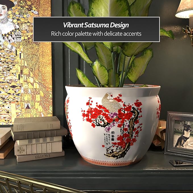 Red Lantern Large 20" Porcelain Fishbowl Cherry Blossom Planter