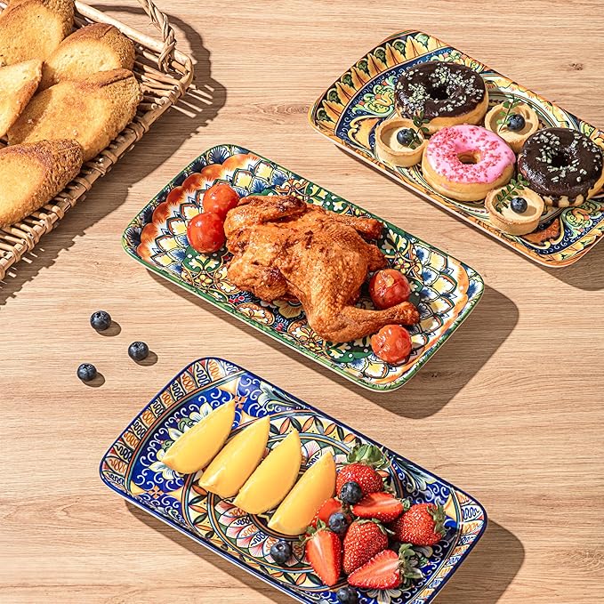 Henten Home Ceramic 10 Inch Salad Plates, Porcelain Rectangular Dessert Plate Set of 6, Bohemian Serving Dishes for Sushi, Pasta, Appetizer, Microwave & Dishwasher Safe