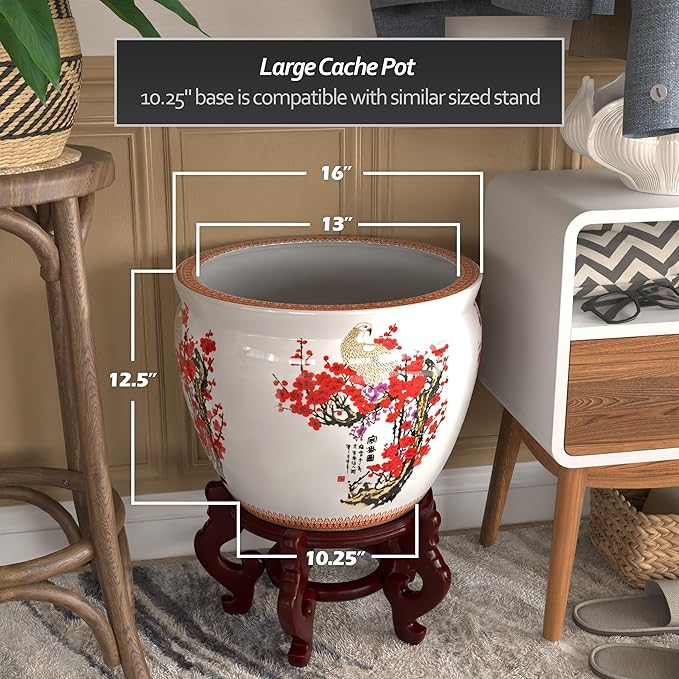 Red Lantern 16" Cherry Blossom Porcelain Fishbowl Planter