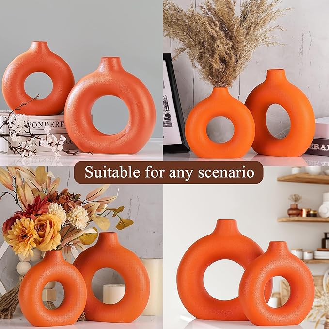 Orange Ceramic Donut Vase Set of 2, Hollow Round Matte Pampas Flower Vases for Boho Home Wedding Party Room Dinner Table Shelf Decor.（Orange）