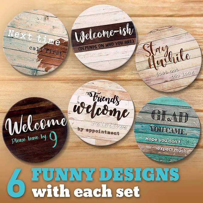 Funny Coasters - House Warming Gifts New Home - Housewarming Gifts for Women, Men, Couple, New Homeowner - Farmhouse Bar Coasters for Drinks with Holder - First Apartment Essentials
