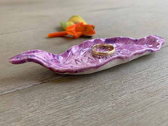Purple Namaste Leaf Ring Dish, Handmade Ceramic Jewelry Plate, Inspirational Gifts for Her and Him -Stock Photo,Please Read Description