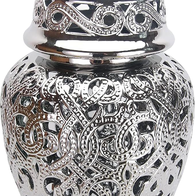 Noori Home - 100% Modern Glam Artisan Ceramic PARKER Small Silver Ginger Jar Urns with Lid 7x7x14