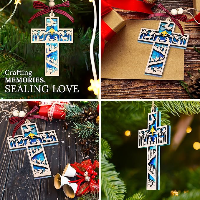 HEXMOZ Nativity Cross Ornament for Christmas Tree - Religious, Christian Christmas Ornaments 2025 Gifts for Family - Acrylic Wood Nativity Scene Cross, Jesus Hanging Ornament, Holy Family Decoration