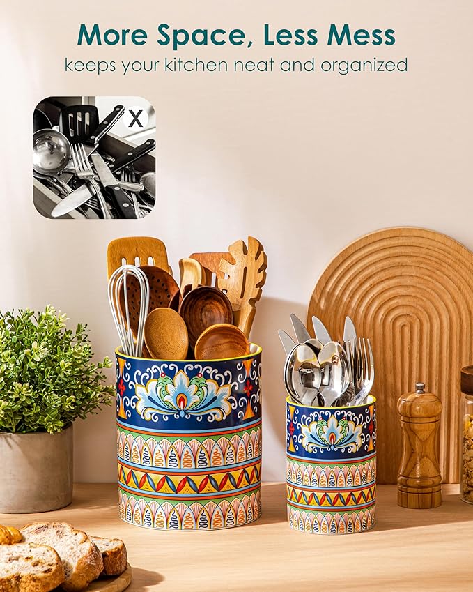 vancasso SIMI Utensil Holder, 7.3"+5.5" Porcelain Kitchen Utensil Holder for Countertop, Bohemian Kitchen Utensil Organizer for Spatulas, Spoons, Decorative Counter Utensil Crock, Celestial Harmony