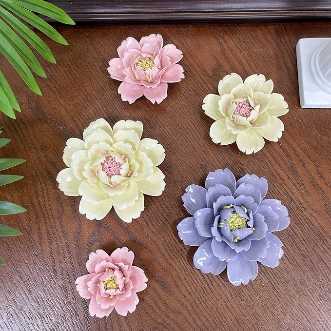 CEUYGT Handmade Ceramic Wall Flower Decor - Peony Home Wall Art, Perfect for Living Room, Bedroom, or Office Decoration (Yellow 01, Large)