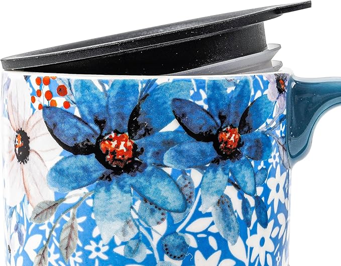 DUSVALLY Ceramic Tall Coffee Mug, Friends Coffee Cup Gift Set, Travel Mug with Lid for Office and Home, Unique Gifts for Women and Man, Flower Mug, Color Box, 17oz Large Cup, Blue