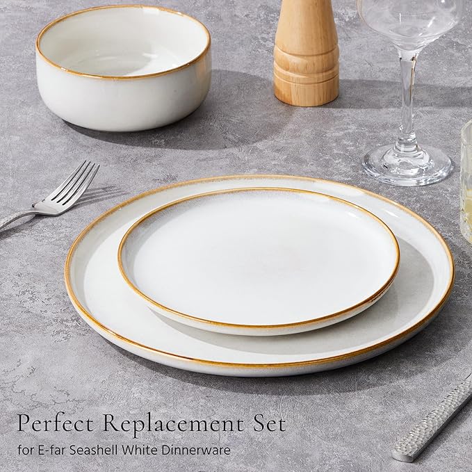 E-far 8” Ceramic Salad Plates Set of 6, Reactive Glaze Stoneware Dishes, Round Dessert Plate for Home Kitchen Restaurant, Microwave & Dishwasher Safe – Seashell White