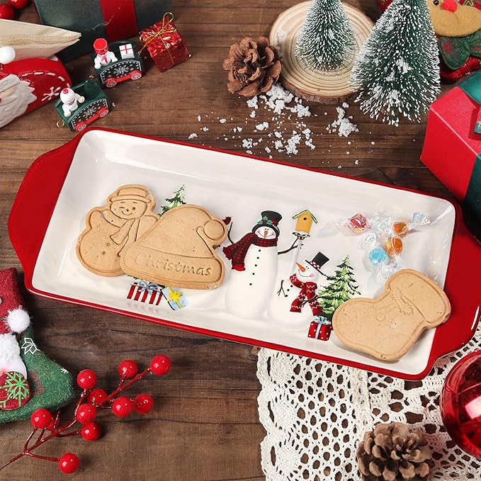 Joeyan Christmas Ceramic Dinner Plates,13.9" Xmas Serving Plate Dishes with Festive Holiday Snowman and Tree Patterns,Dinnerware for Dessert Salad Appetizer,Microwave and Dishwasher Safe