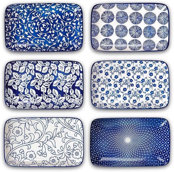 Selamica Ceramic 8 inch Rectangular Salad Plates, Dinner Plates, Pasta Dessert Plates for Appetizer, Sushi, Fruit - Microwave/oven/Dishwasher Safe, Set of 6, Vintage Blue