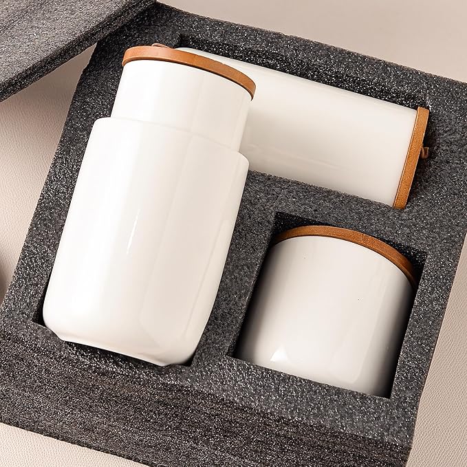 White Ceramic Canister Set with Bamboo Lids, 4-Piece Airtight Food Storage Jars for Kitchen – Flour, Sugar, Coffee, Tea, Spice – Smaller, Small, Medium, Large Sizes