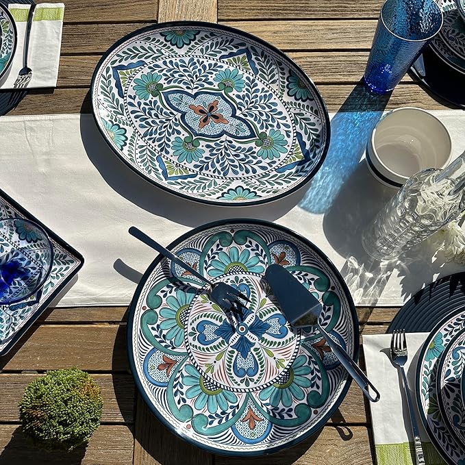 Talavera Melamine Platter Set of 2, Multicolor Decorative Serving Trays for Outdoor Entertaining, Mediterranean-Inspired 100% Melamine Oval & Round Platters for BBQ, Tacos, Tapas & More
