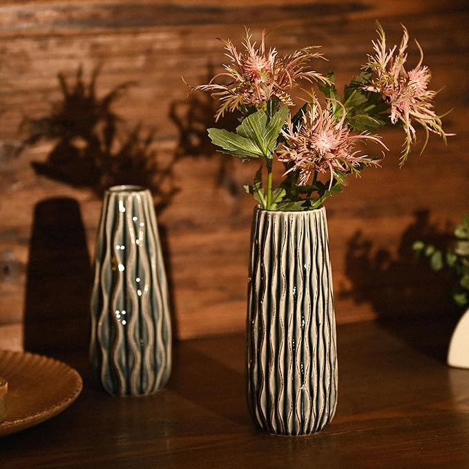 VICTOR & TERESA Ceramic Vase for Flowers, 8'' Set of 2 Decorative Vintage Blue Vases for Home Decor, Farmhouse Vases for Pampas Grass, Table, Mantel, Living Room, Shelf, Centerpieces, Gifts for Mom