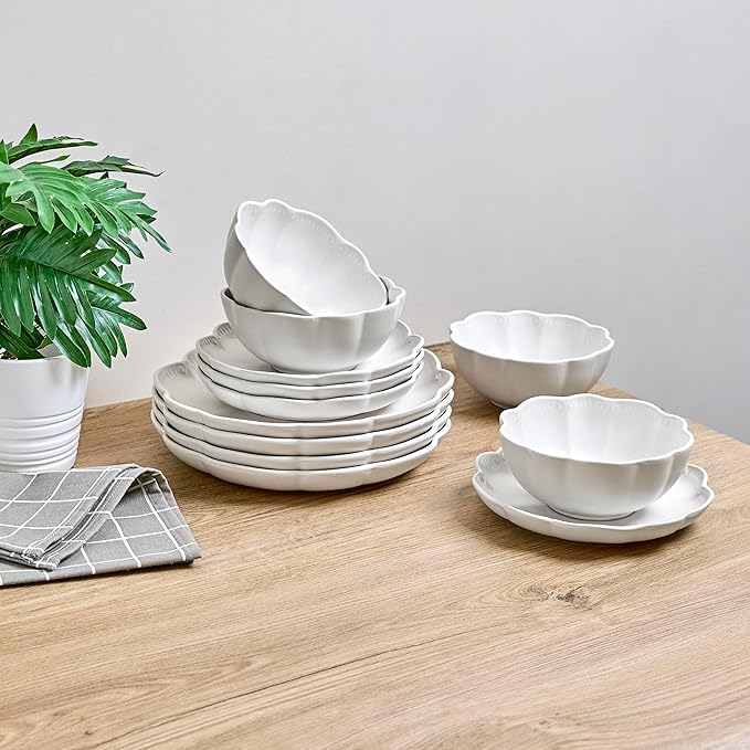 Sango Bethany 12 Pieces Scalloped White Plates & Bowls Set