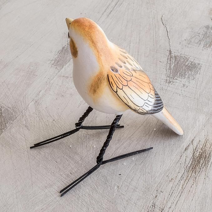 NOVICA Artisan Handcrafted Ceramic Figurine Guatemala Snow Bunting Bird Brown Beige Sculpture Animal Themed Painted [4.7in L x 2in W x 3.1in D] ' Snow Bunting'