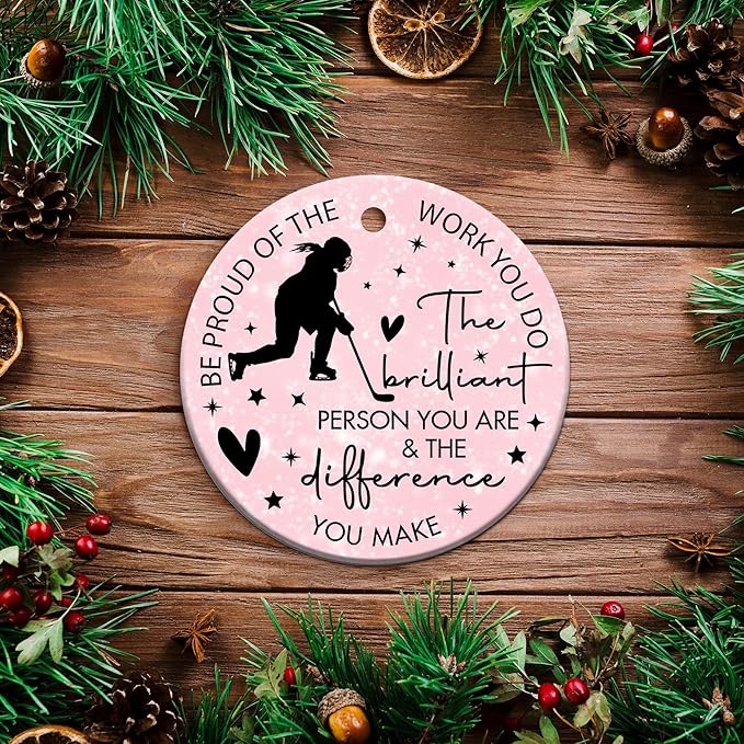 Ice Hockey Christmas Ornament -Round Ceramic 3", Holiday Tree Decoration Keepsake, Hockey Player Christmas Gifts for Girls