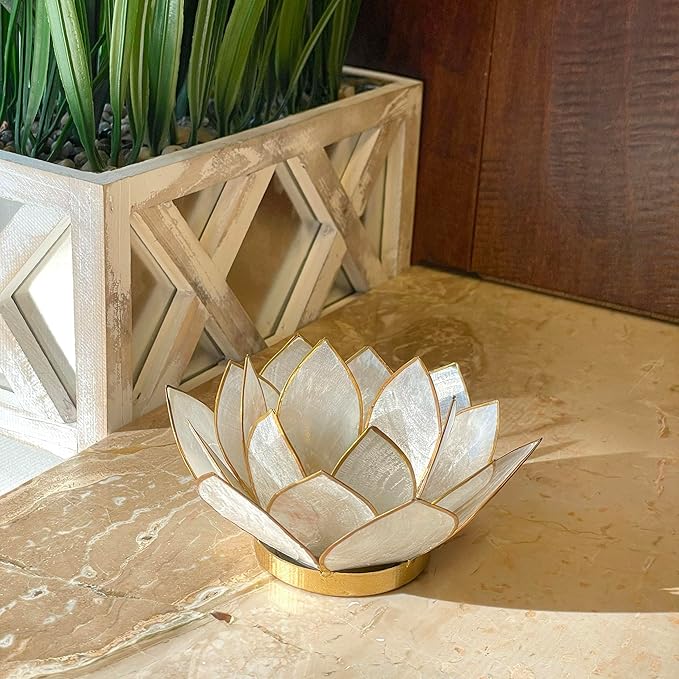 White Capiz Shell Lotus Flower Small Tealight Decorative Candle Holder Home Decor