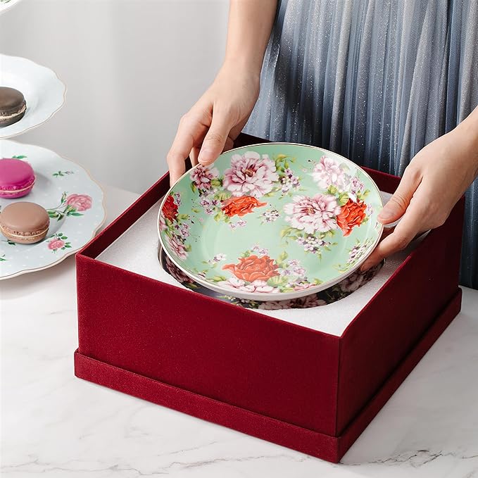 BTaT- Ceramic Floral Dessert Plates, Set of 6, 8 Inch, Assorted Colors with Golden Rim, Deep Porcelain Floral Plates with Gift Box, Dishwasher Safe