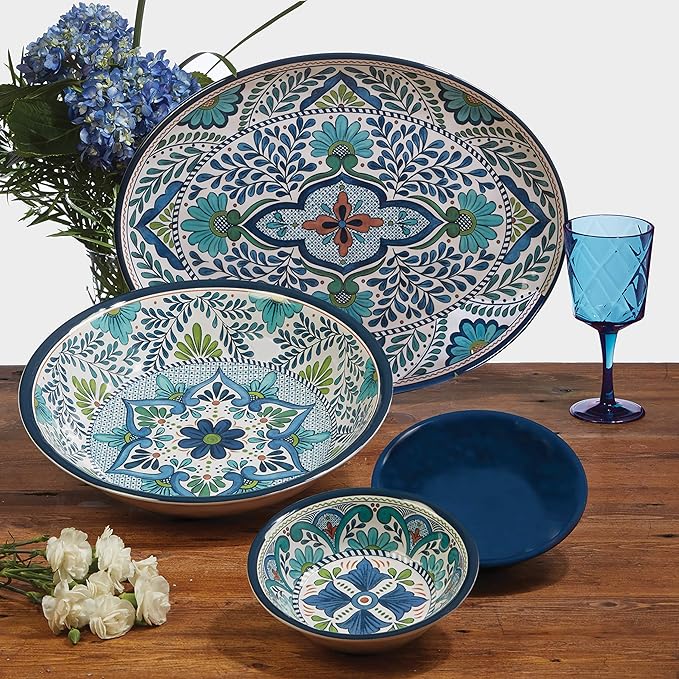 Talavera Melamine Platter Set of 2, Multicolor Decorative Serving Trays for Outdoor Entertaining, Mediterranean-Inspired 100% Melamine Oval & Round Platters for BBQ, Tacos, Tapas & More