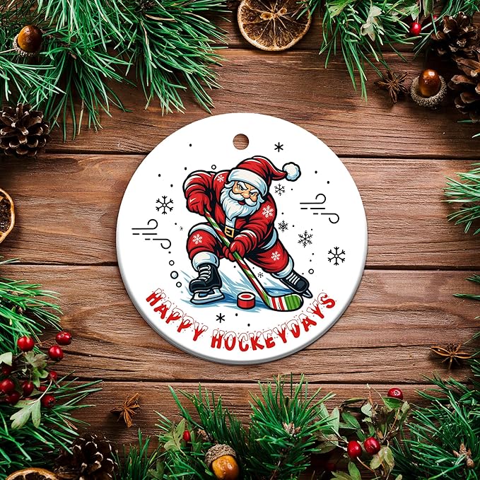 Ice Hockey Christmas Ornament -Round Ceramic 3", Holiday Tree Decoration Keepsake, Hockey Player Christmas Gifts for Boys Girls