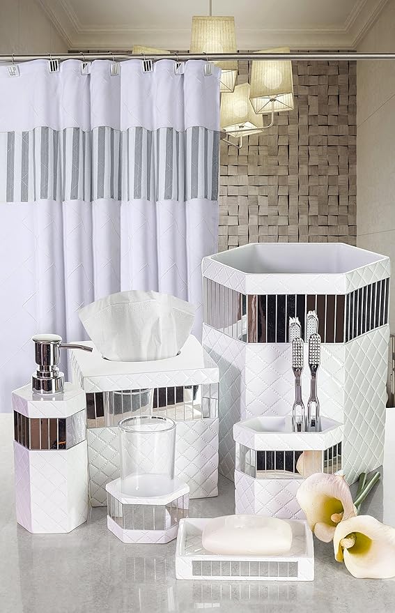Creative Scents Quilted Mirror White Toothbrush Holder – Bathroom Toothbrush Organizer - Decorative Toothbrush and Toothpaste Holder for Bathroom Holds Multiple Toothbrushes and Paste