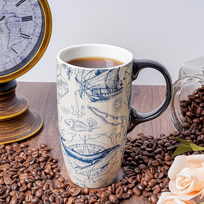 DUSVALLY Ceramic Coffee Mug, Porcelain Tea Cup with Handle for Office and Home, Unique Gifts for Women and Man, Color Box, 17 Oz, Flower Mug