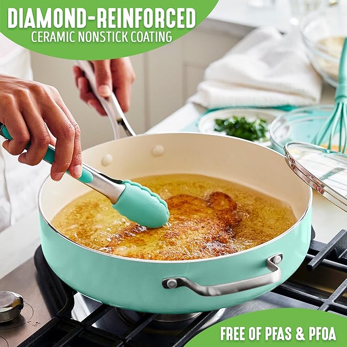 GreenLife Artisan Healthy Ceramic Nonstick, 5QT Saute Pan Jumbo Cooker with Helper Handle and Lid, Stainless Steel Handle, PFAS-Free, Dishwasher Safe, Oven Safe, Turquoise