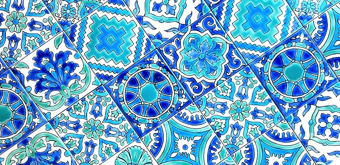 DŸARI Decorative Ceramic Tiles – Hand Painted Indoor & Outdoor Floor Tiles – Spanish Artisan Tile Top Kitchen – Mediterranean Decorative Tiles 4” × 4” – Durable Colorful Floor Tiles – 140 g (Eau V 6)