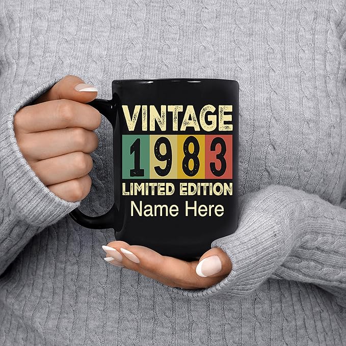 PREZZY Vintage 1983 Limited Edition 40th Birthday Decorations Personalized Gifts for Women Men Mothers Day Fathers Day Gift 40 Year Old Birthday Mug Customized Name Ceramic Black Tea Cup 11oz 15oz