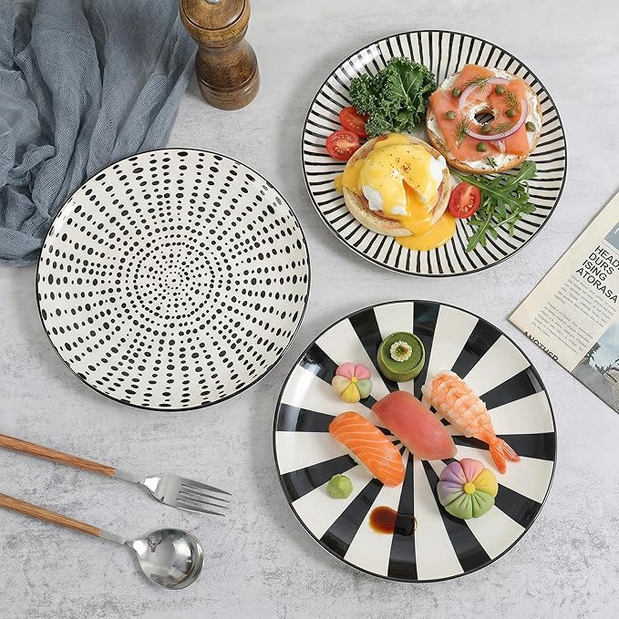 Ceramic Dessert Plates 8 Inch - Salad Appetizer Plate Set of 6 - Modern Japanese Style - Dishwasher and Microwave Safe - Black and White