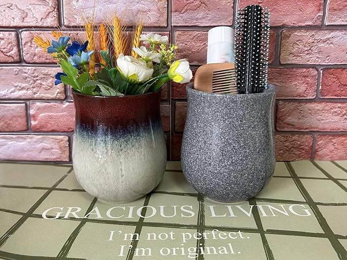 Short Kitchen Utensil Holder for Kitchen Counter, Ceramic Small Utensil Crock & Vase & Holder for Cutlery Spatula Brush Silverware Cooking Utensil Holder (Marble Grey)