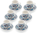 Turkish Coffee Cup Set of 6 with Saucers & Holder – Ceramic, Dishwasher-Safe, Keeps Warm – Patterned Turkish Espresso Cups Set for Home & Office (Set Of 6)