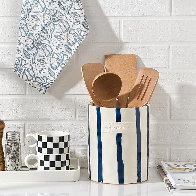 JIEMEI HOME Kitchen Utensil Holder, 7.2" Ceramic Stable Utensil Crock for Countertop, Modern Minimalism Style Cooking Tool Organizer with Cork Mat, Spatula Holder For Kitchen Decor, Blue stripes