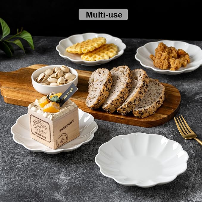 White Small Dessert Plates Set of 4,Ceramic Dinner Plates 6 Inch for Appetizer, Fruits, Cake, Salad,Microwave Safe,Christmas Gift