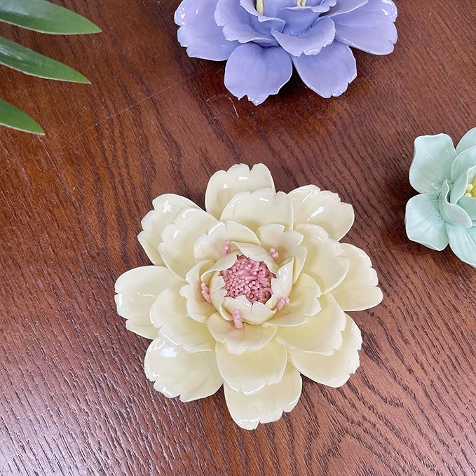CEUYGT Handmade Ceramic Wall Flower Decor - Peony Home Wall Art, Perfect for Living Room, Bedroom, or Office Decoration (Yellow 01, Large)