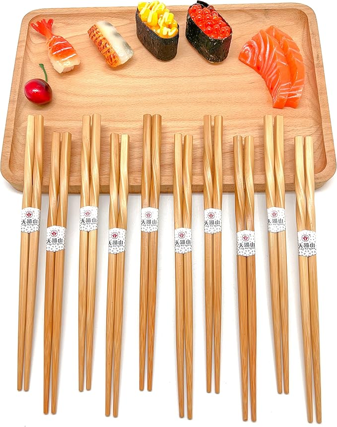 10 Pairs Bamboo Chopsticks Reusable, Twisted chopsticks Natural Wooden Chopsticks, 9.06 Inch/23cm Dishwasher Safe Lightweight by LANHUTHS