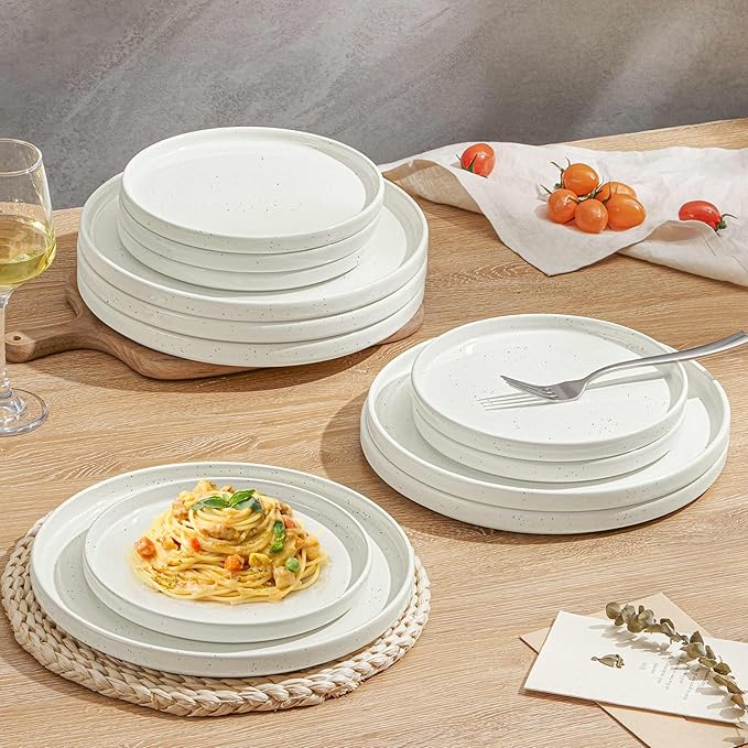 Herogo 7.9 Inch Dinner Plates Set of 6, Small Stoneware Dessert Plate Set, Microwave Safe Ceramic Dinnerware for Serving, Oven & Dishwasher Safe, Speckled White