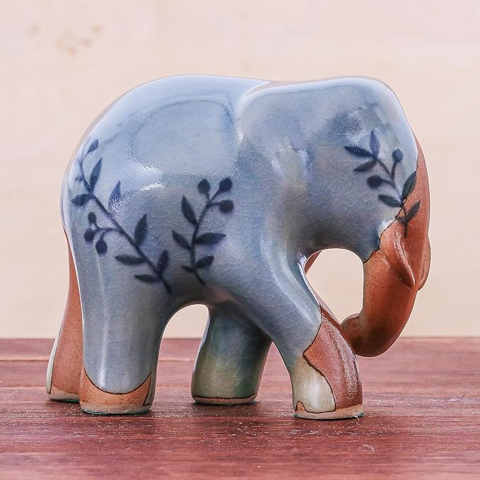NOVICA Artisan Handmade Celadon Ceramic Sculpture Painted Elephant Multicolor Thailand Leaf Tree [4.3in H x 5.25in W x 2.7in D] ' Walkabout'