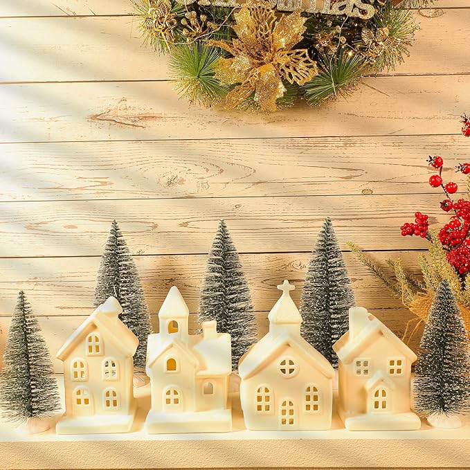 9 Pcs Christmas Village Figurines Sets - 4 Lighted Ceramic Houses with Remote Control & 5 Trees - Christmas Decorations Indoor - White Xmas Holiday Farmhouse Rustic Decor for Home Table Room