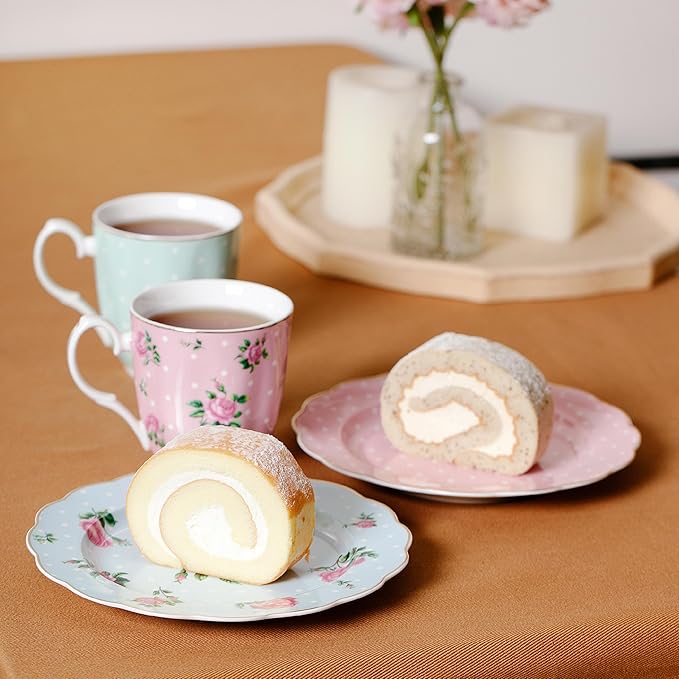 BTaT- Porcelain Floral Plates Set of 8, 8 Inch, Assorted Pastel Colors with Golden Rim, Floral Dessert Plates, Spring Dinnerware, Dishwasher & Freezer Safe
