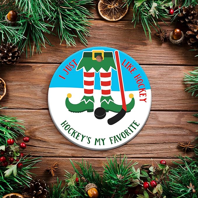 Ice Hockey Christmas Ornament -Round Ceramic 3", Holiday Tree Decoration Keepsake, Hockey Player for Boys Girls