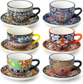 vancasso 8 oz Cappuccino Cups with Saucers Set of 6, Bohemian Ceramic Coffee Cup for Latte, Tea, Espresso, Microwave & Dishwasher Safe - Porcelain Latte Mugs for Kitchen or Cafe