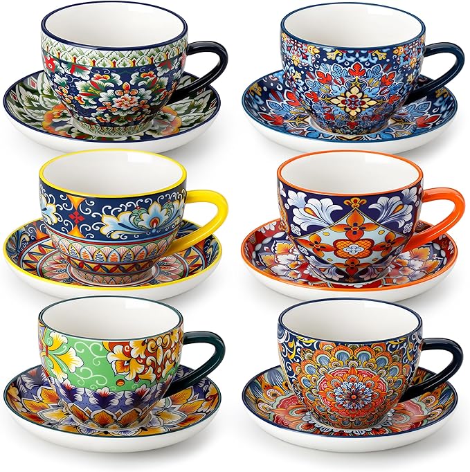 vancasso 8 oz Cappuccino Cups with Saucers Set of 6, Bohemian Ceramic Coffee Cup for Latte, Tea, Espresso, Microwave & Dishwasher Safe - Porcelain Latte Mugs for Kitchen or Cafe