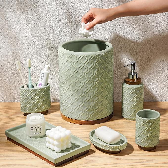 Elegant 6 PCS Ceramic&Wood Bathroom Accessories Set:Soap Dispenser,Toothbrush Holder,Tumbler,Soap Dish,Tray,Trash Can,Easy to Clean,Quatrefoil Pattern,Green-Affordable Home Luxury