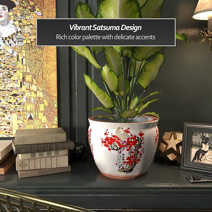 Red Lantern 14" Cherry Blossom Porcelain Fishbowl Planter