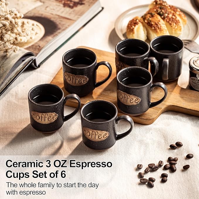 LYEOBOH Coffee Cups, Espresso Cups, Tea Cup, Coffee Mugs Set of 6, 3 oz Ceramic Espresso Cups, Cute Mini Demitasse Cups with Handle for Bar & Home Microwave & Dishwasher Safe, Black