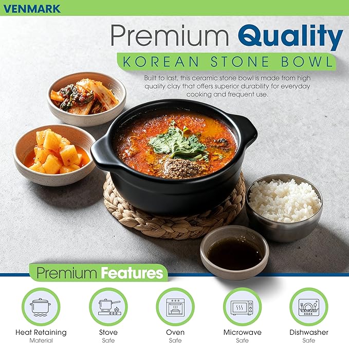 Korean Stone Bowl (Dolsot) – Ttukbaegi Pot with Lid, Bibimbap Bowl, 37 oz Earthenware Hot Pot for Steamed Eggs, Rice, Bibimbap, Ramen & Soup – Complete with Heat-Resistant Silicone Mitts