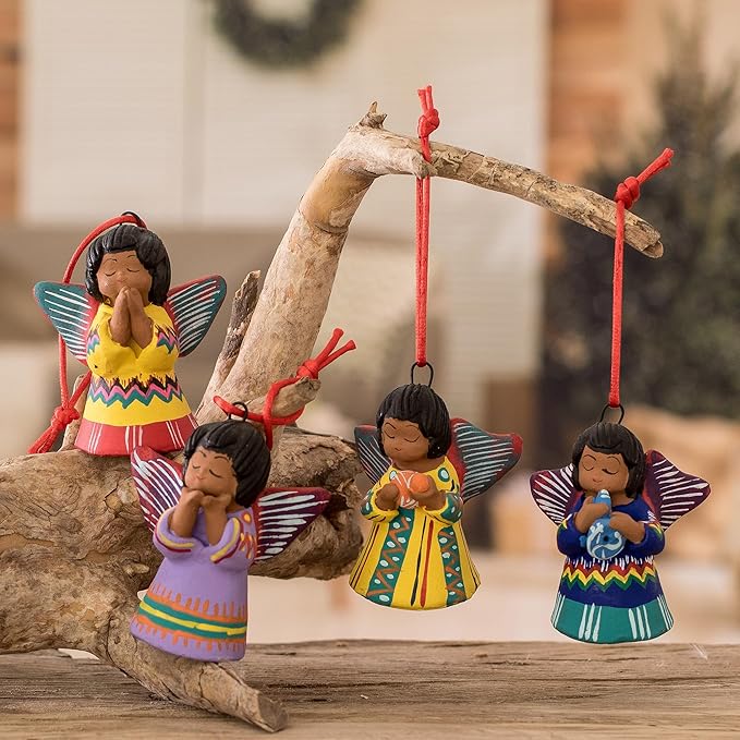 NOVICA Artisan Handmade Ceramic Ornaments Unique Central American Set of 4 Assorted Guatemala Holiday Decor Christmas Angel [ 3.5in H x 2.4in W x 1.8in D Bag 7in L x 5.5in W] ' Angels' Set of 4